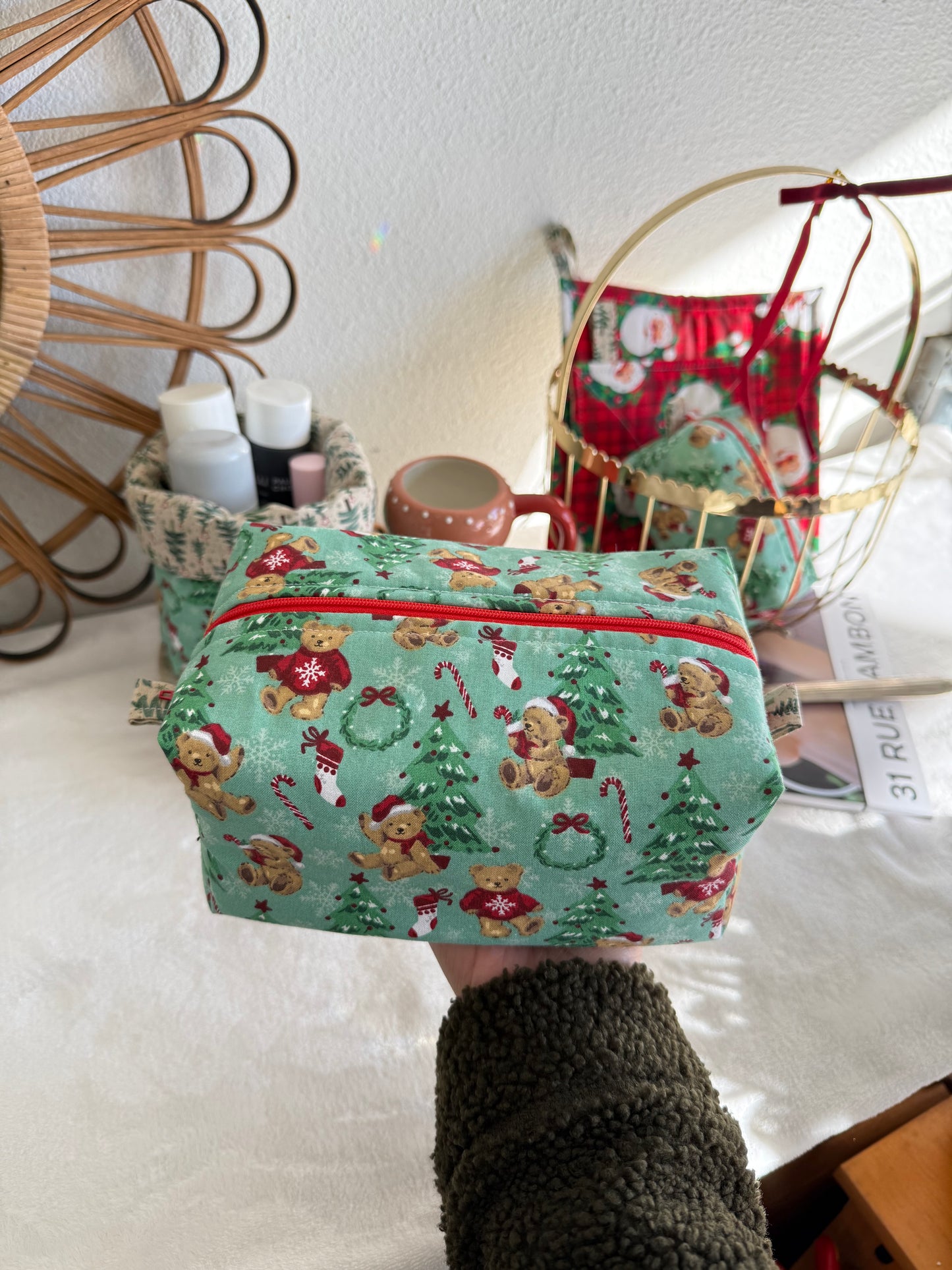 Peppermint Teddy Medium Makeup Pouch